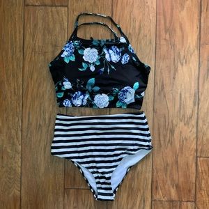 NWT floral and stripe high neck bikini